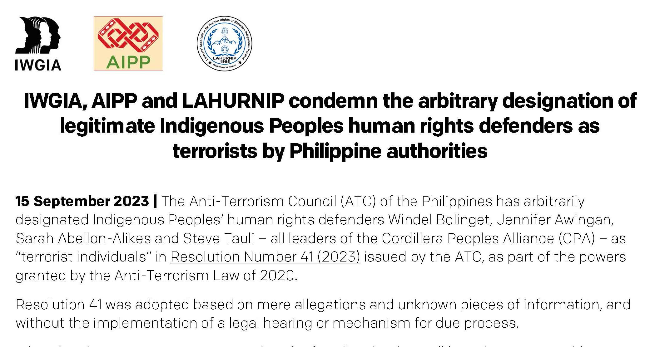 IWGIA, AIPP and LAHURNIP condemn the arbitrary designation of legitimate Indigenous Peoples human rights defenders as terrorists by Philippine authorities